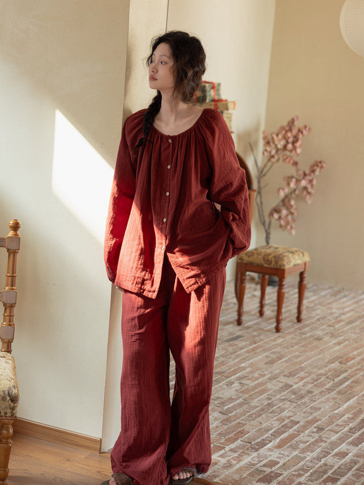 族玛士女士春季新款长袖长裤纯棉纱布家居服睡衣套装