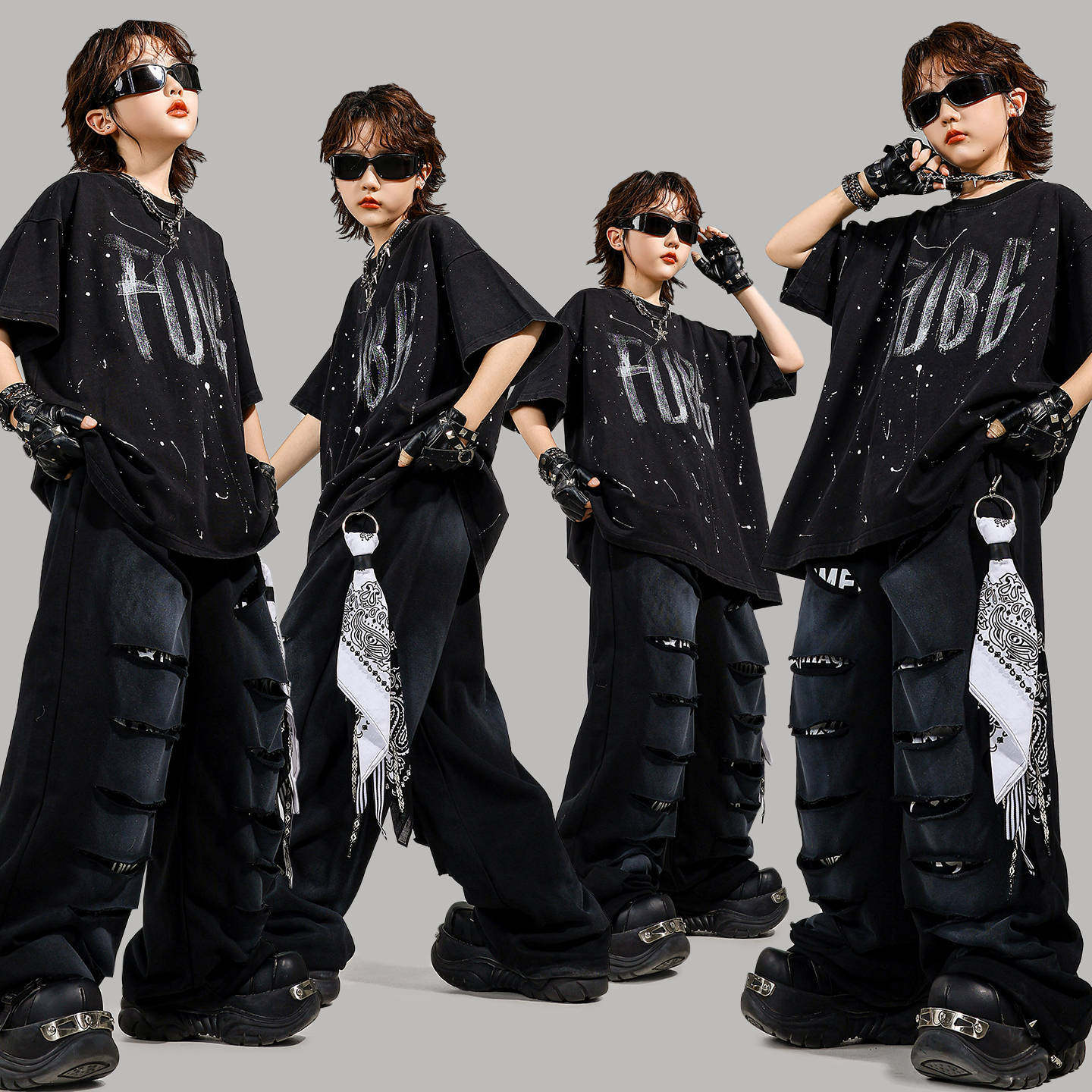 街舞儿童潮服嘻哈少儿hiphop女童潮牌童装男童破洞牛仔长裤演出服