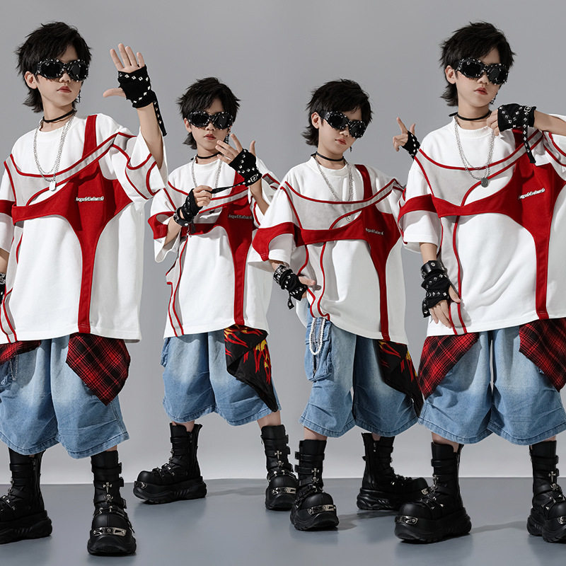 儿童街舞演出服潮服套装hiphop嘻哈表演服宽松绑带上衣爵士舞