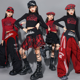 女童红色爵士舞演出服儿童jazz街舞表演服装少儿套装女团上衣潮服