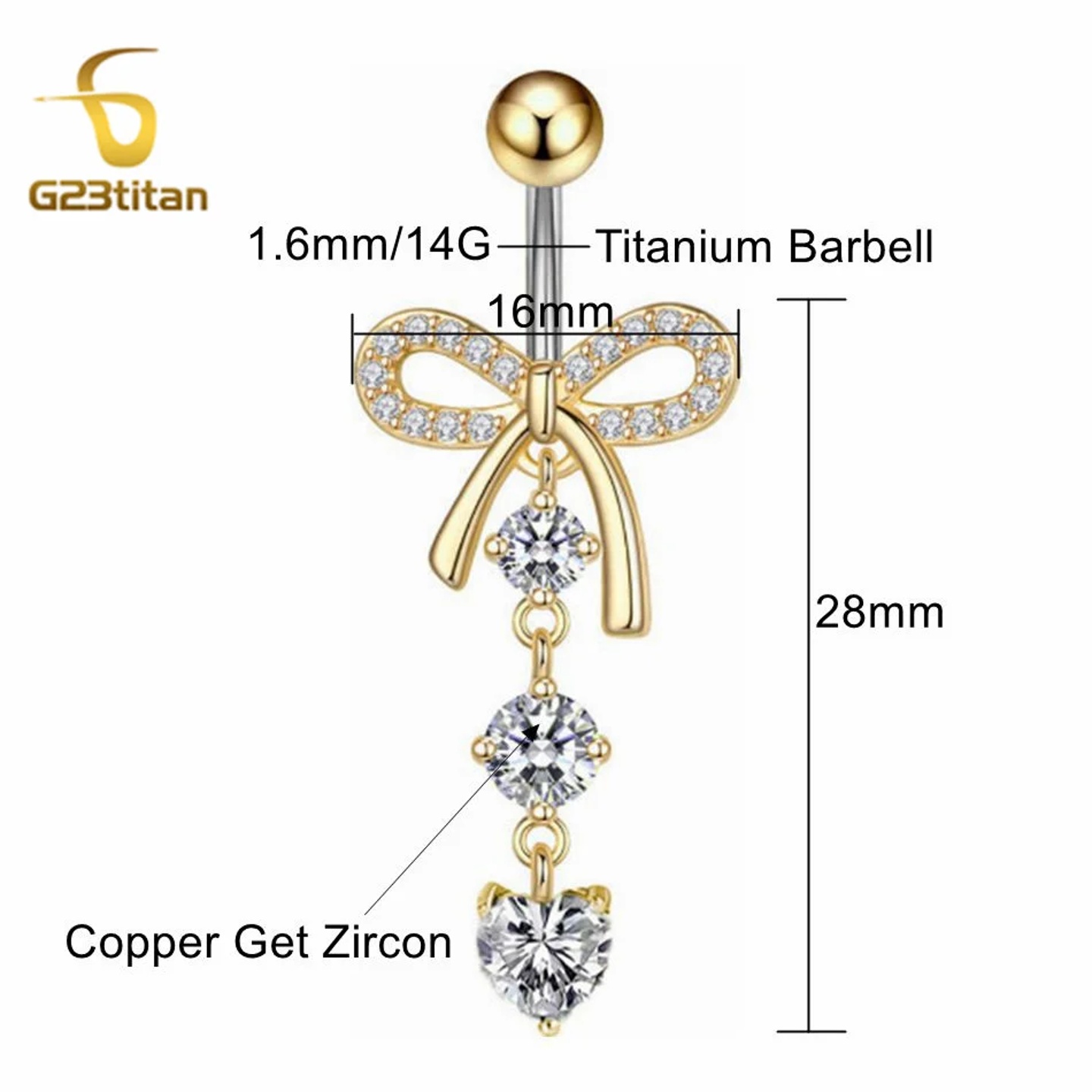 G23Titan Crystal Bowknot Heart Drop Belly Button Ring 6-16m