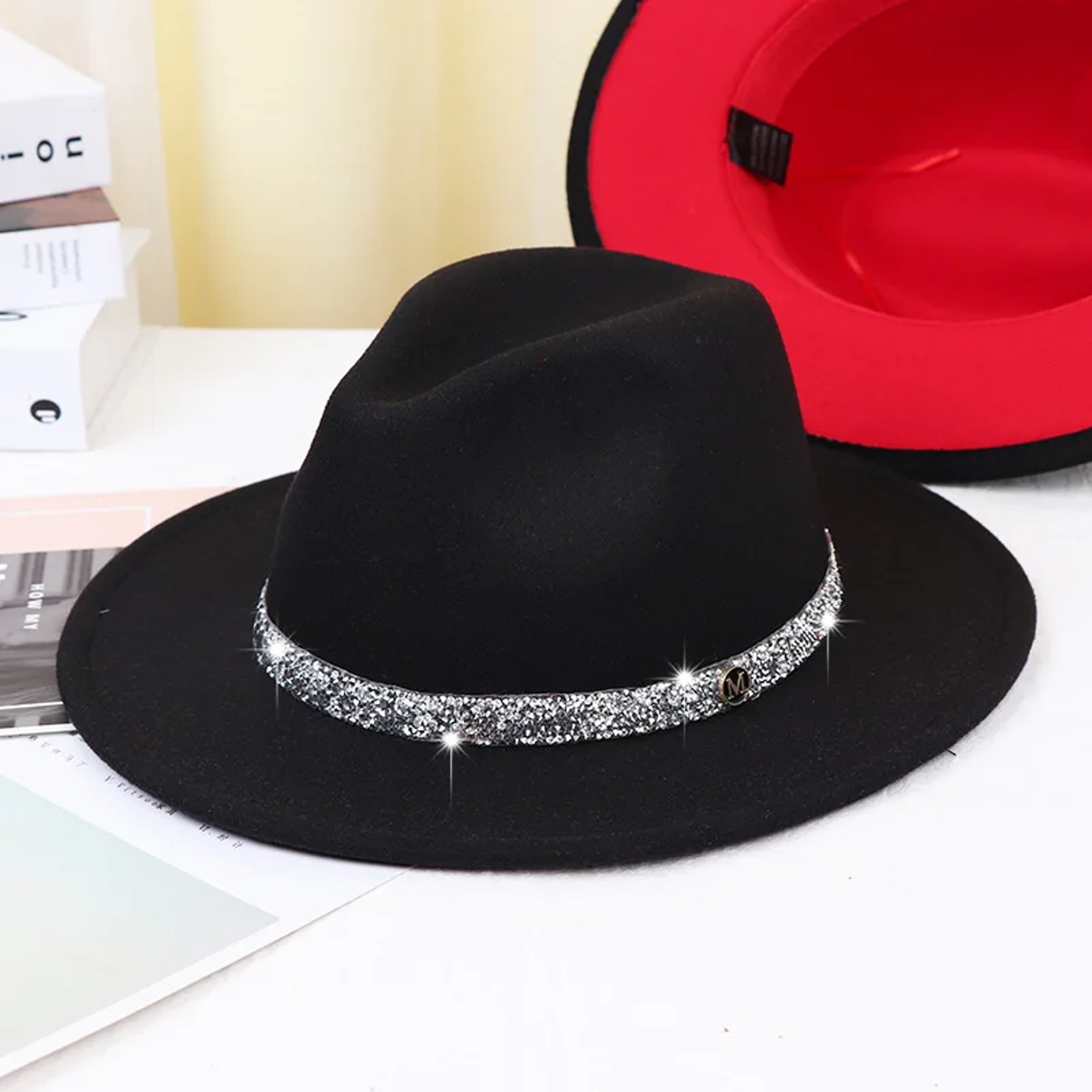 Sky Blue Diamond Band Wool Fedora Hats For Women Jazz Cap B