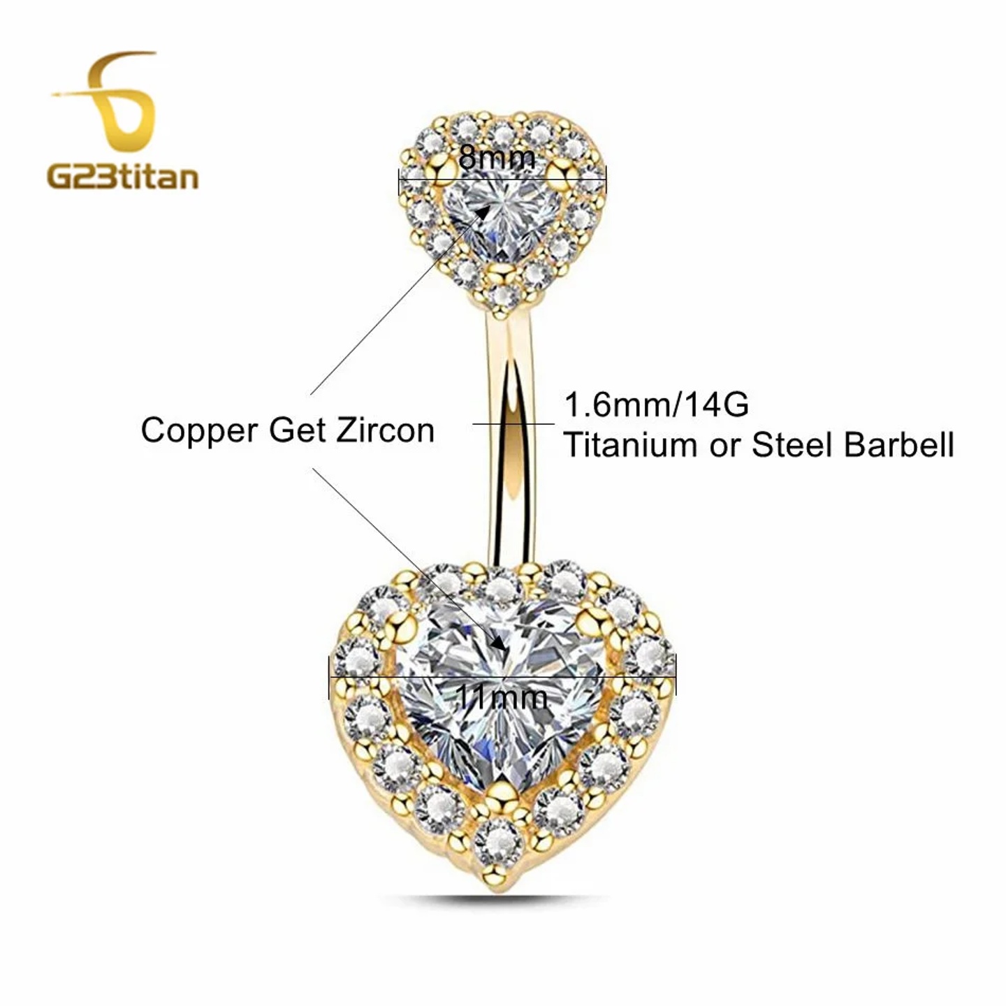 G23Titan 2 Side CZ Zircon Heart Belly Button Ring 14G Medic