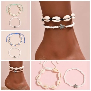 Set Shell 2PCS Anklets Rice Beads Alloy Fashion Braided Rop