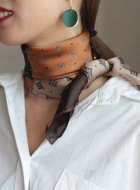 复古千鸟格小方巾女薄丝巾春秋冬季新款围脖韩国装饰百搭空姐领巾