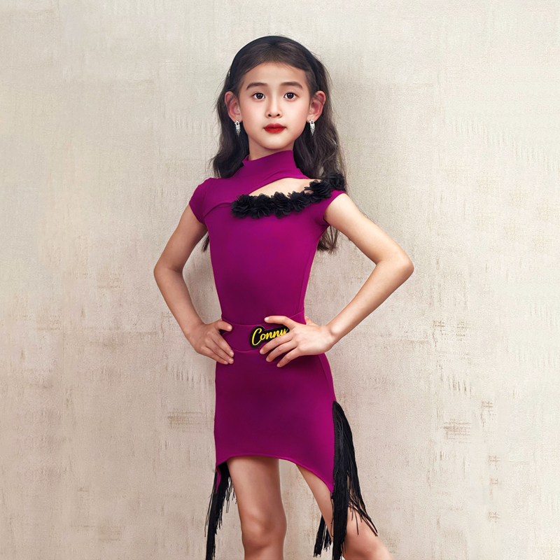 康尼拉丁舞服女儿童流苏裙子短袖连体上衣舞蹈练功演出表演服套装