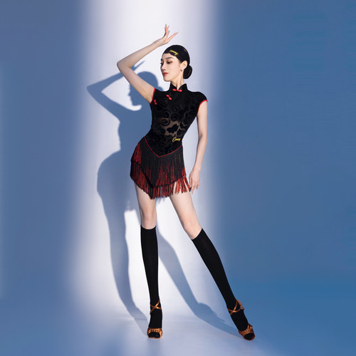 CONNY拉丁舞服套装女士旗袍上衣跳舞蹈练功服流苏短裙演出表演服