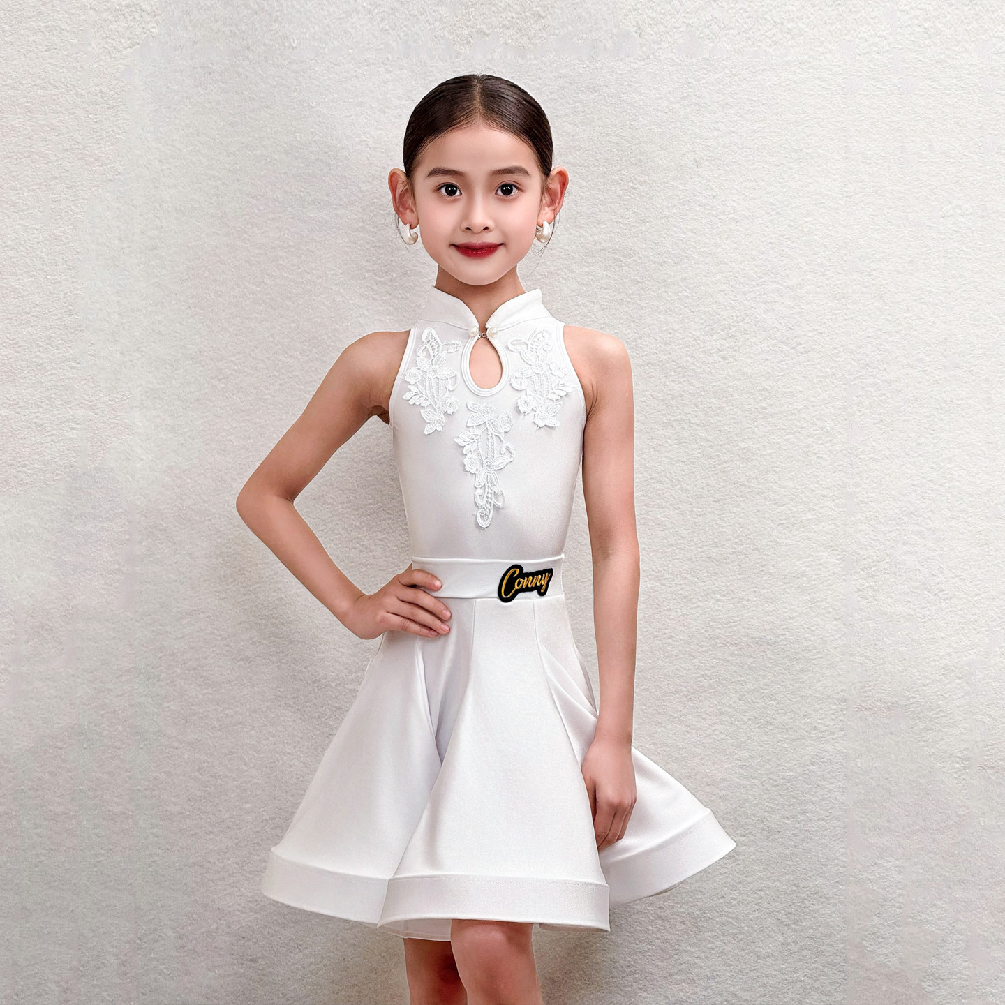 CONNY拉丁舞服女儿童无袖上衣鱼骨半身裙舞蹈练功表演出套装白色