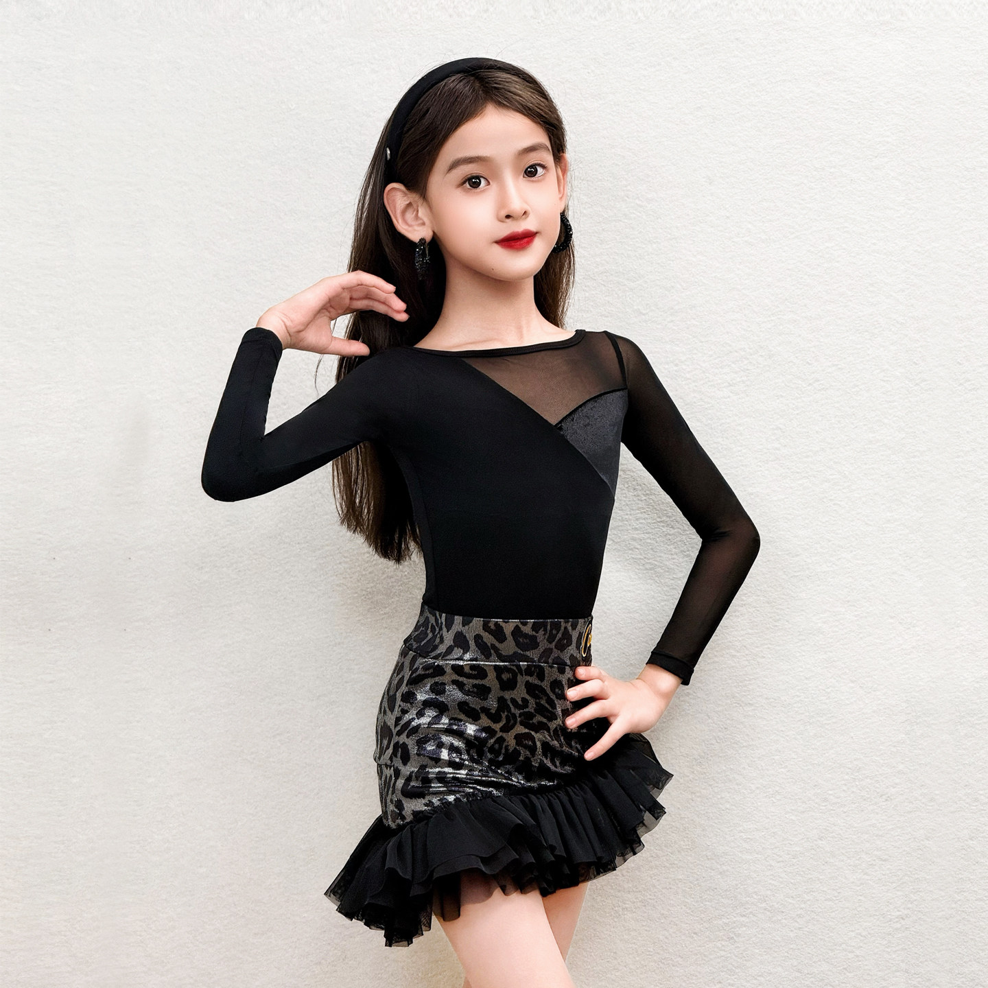 CONNY新款拉丁舞练功服女儿童网纱上衣豹纹半身裙舞蹈表演出套装