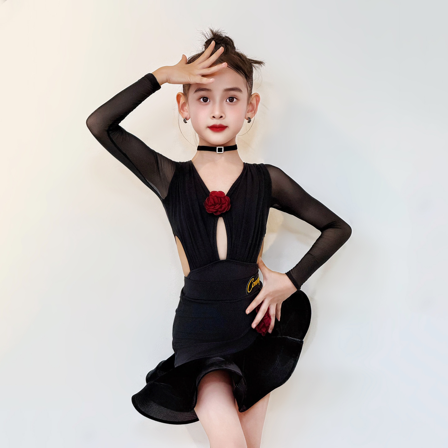 CONNY拉丁舞服女舞蹈训练功服儿童鱼骨裙网纱长袖上衣表演出服装