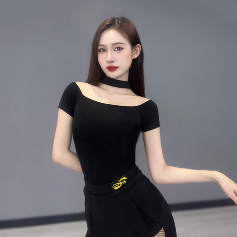 CONNY新款时髦拉丁舞服装上衣摩登舞女舞蹈练功花服国标跳舞黑色