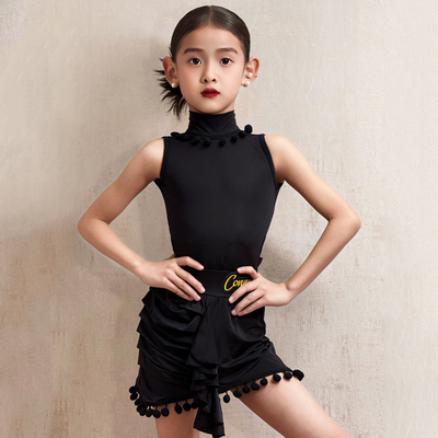 康尼夏季拉丁舞服女儿童跳舞蹈练功服专业演出表演半身裙套装黑色