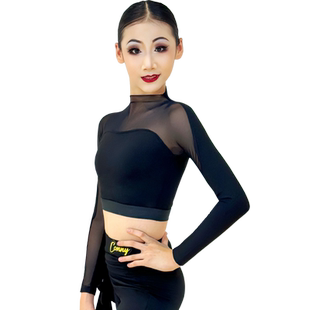 康尼新款拉丁舞练功服上装女跳舞蹈服儿童国标摩登舞上衣网纱长袖