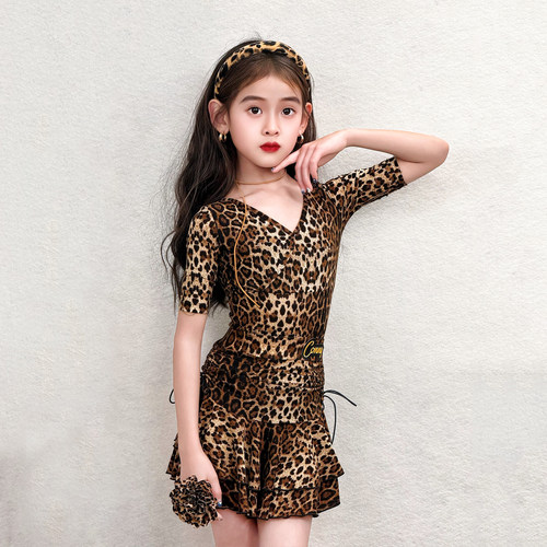 CONNY春夏拉丁舞服豹纹女儿童舞蹈训练功服中袖V领上衣半身裙套装