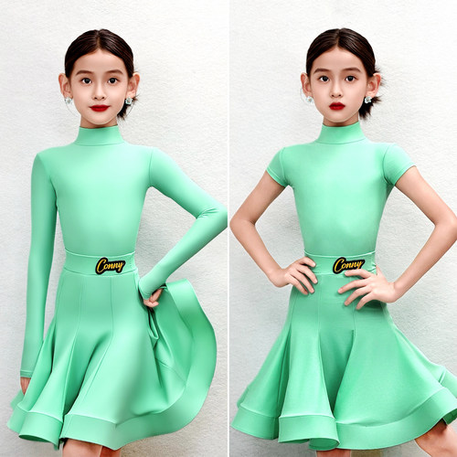 CONNY2026新款拉丁舞演出服女童薄荷绿长袖考级表演专业比赛服装