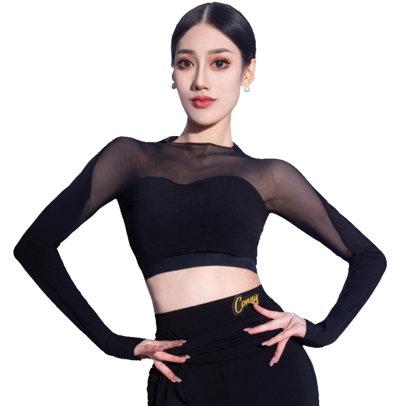 康尼新款时尚拉丁舞练功服装女士跳舞蹈服国标摩登舞上衣网纱长袖