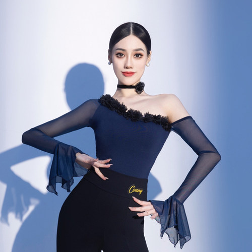 康尼拉丁舞服上装女气质新款摩登国标跳舞蹈练功上衣露肩网纱长袖