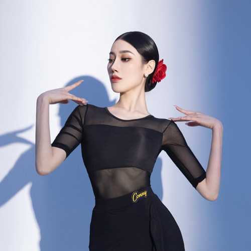 CONNY拉丁舞服上装女跳舞蹈练功服上衣网纱半袖黑色连体衣含胸垫
