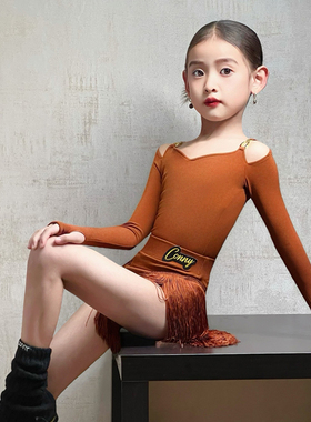 CONNY康尼拉丁舞服女儿童跳舞蹈练功演出服连体上衣长袖流苏裙子