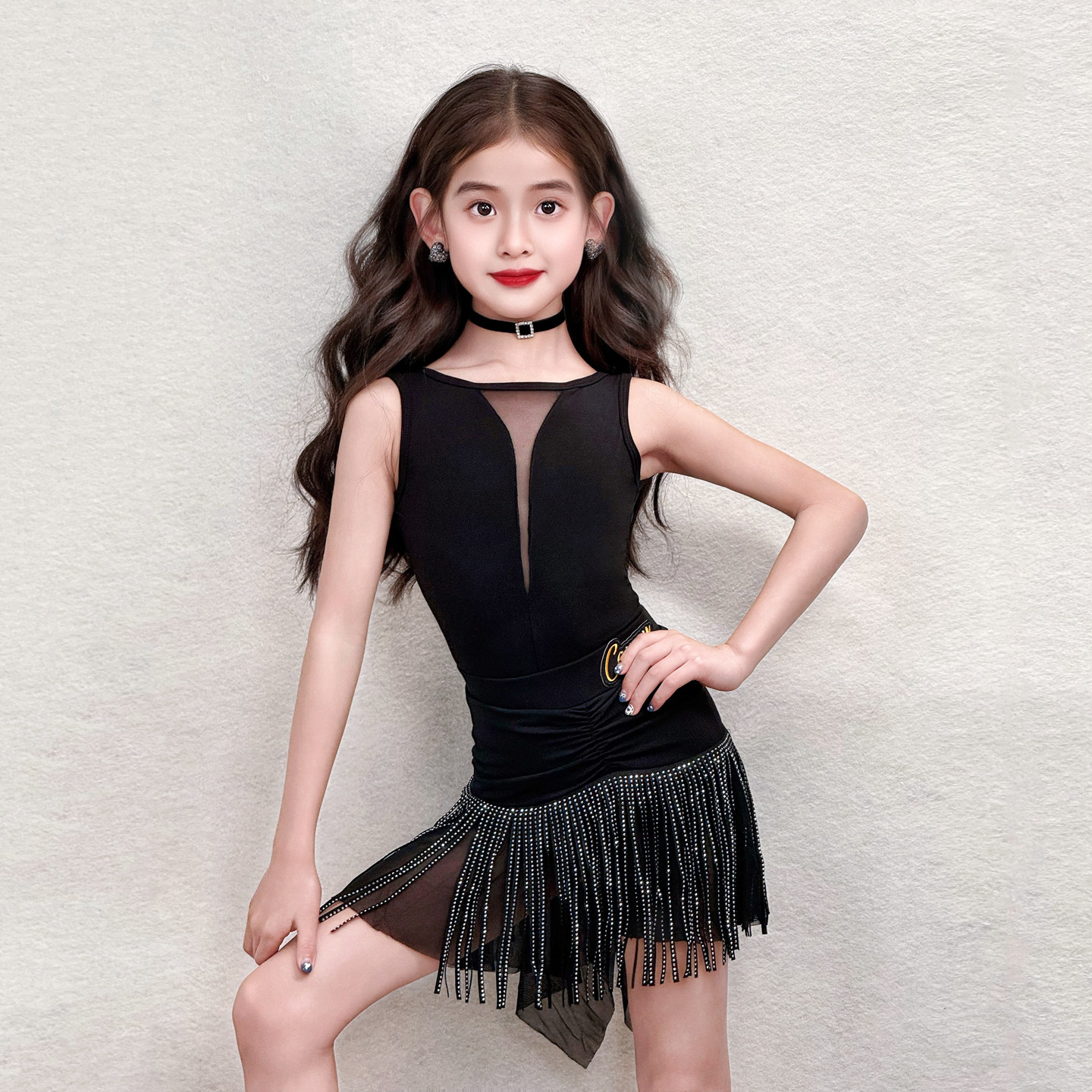 CONNY拉丁舞服女舞蹈练功服儿童网纱无袖上衣半身裙练习表演套装