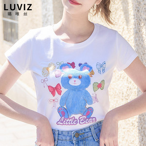 短袖t恤女甜美小熊创意印花上衣小众设计复古修身洋气小衫修身T恤