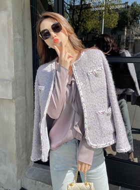 KING studios 21冬 浪漫微醺紫小香风外套春季短款轻奢名媛上衣女