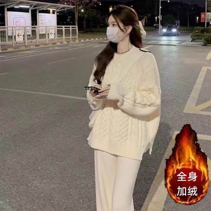 加绒加厚开叉毛衣女新款秋冬季宽松外穿慵懒风麻花针织衫套头上衣