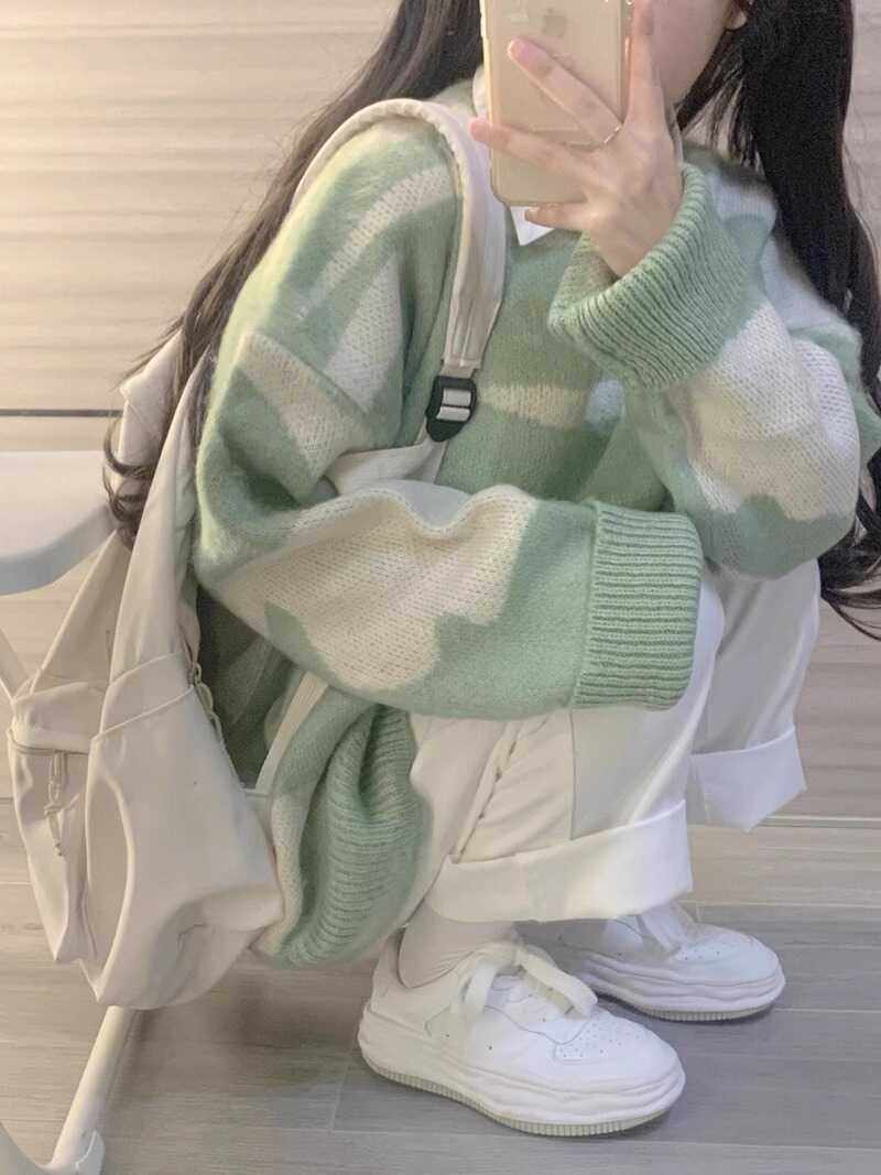 日系复古撞色毛衣女秋冬宽松加厚慵懒风bf软糯温柔内搭打底针织衫