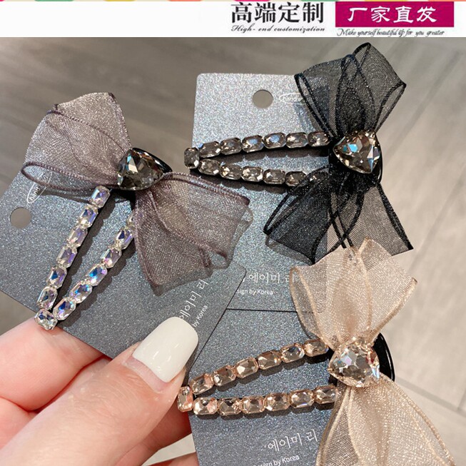 日韩精致小侧边夹高级感蝴蝶结水钻鸭嘴夹网红纱发夹洋气刘海夹女