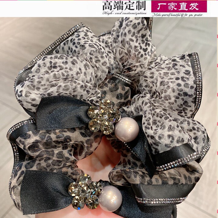 韩国蓬松慵懒风花朵水钻豹纹网纱大肠发圈新款马尾辫头绳发饰女