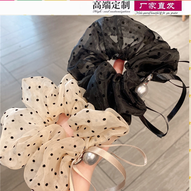 黑色卡其色波点欧根纱丸子头韩国大肠发圈低马尾弹力头绳发饰饰品