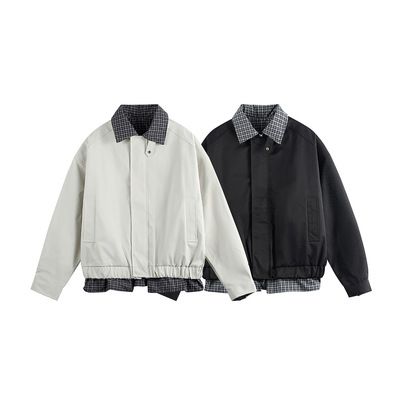 美式格纹拼接翻领宽松夹克外套男
