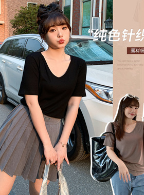夏季新品胖mm大码女装莫兰迪色百搭宽松V领针织短袖T恤上衣62333
