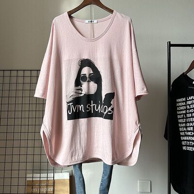 短袖宽松大版T恤印花低领上衣