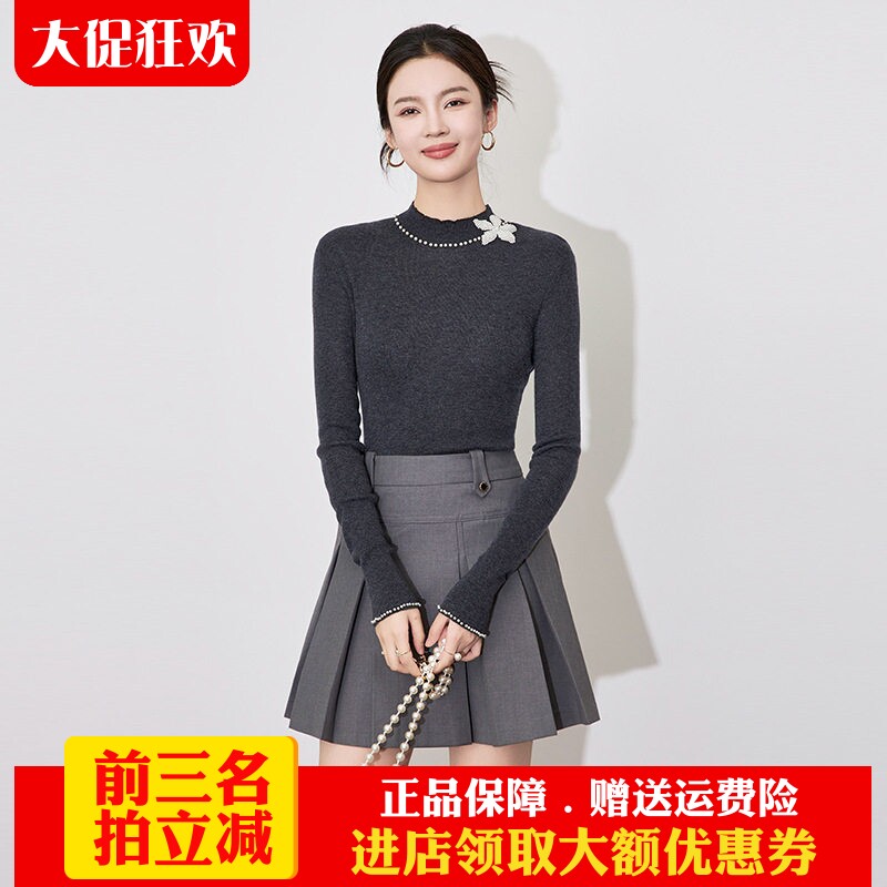 时尚针织钉珠立体花朵半高领上衣