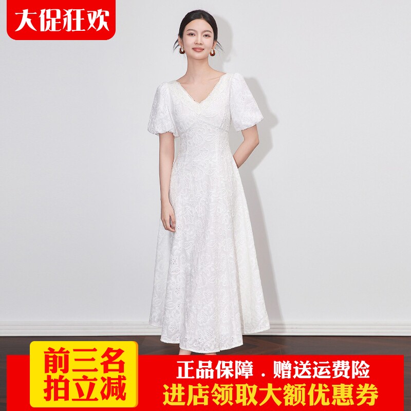 南油高货纯棉绣花法式优雅长裙