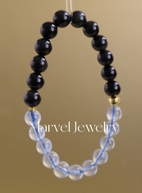 Marvel Jewelry天然海蓝宝黑曜石手串单圈原创拼色手链礼物女士