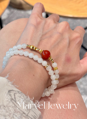 Marvel Jewelry天然和田白玉手串双圈原创南红玛瑙转运珠手链女士