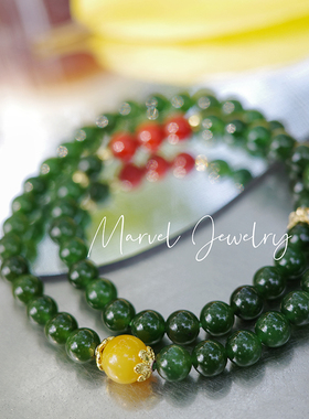 Marvel Jewelry和田碧玉菠菜绿手串双圈保山南红显白玉石手链女款