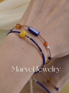 Marvel Jewelry天然青金石细手链单圈原创蜜蜡转运珠设计感手串女