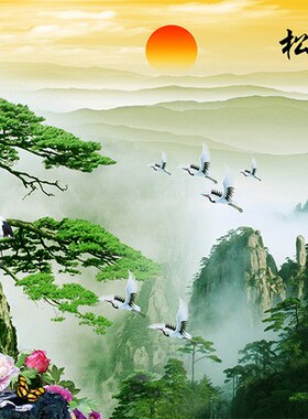 松鹤延年迎客松电视背景墙客厅书房无纺布墙纸D027壁画壁纸