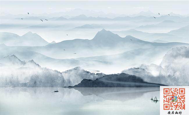 中式抽象意境水墨山水画背景墙客定制壁画