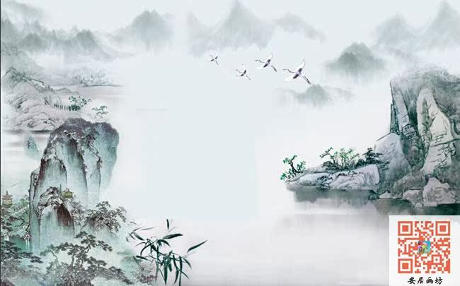 中式水墨山水画电视沙发背景墙书房客厅无纺布墙纸D166壁画壁纸