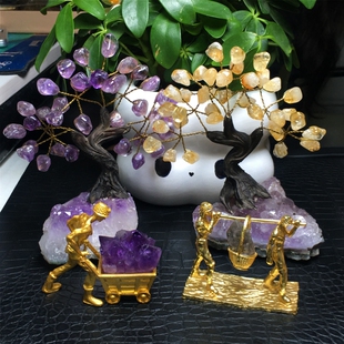 天然黄金矿工搬运水晶小金人紫水晶簇黑碧玺黄铜矿等多种水晶摆件