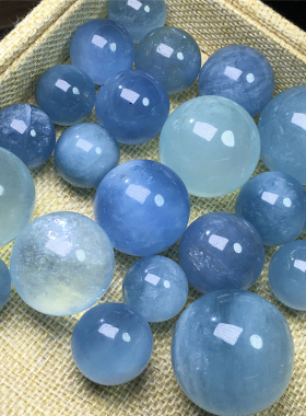 天然水晶海蓝宝原石球人鱼泪包蓝色单珠手链手工串珠多宝项链配件