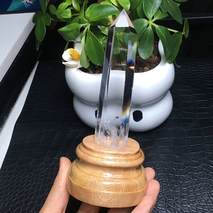 列姆利亚天然白水晶柱子高透蓝针彩虹单尖六棱柱家居桌面饰品摆件