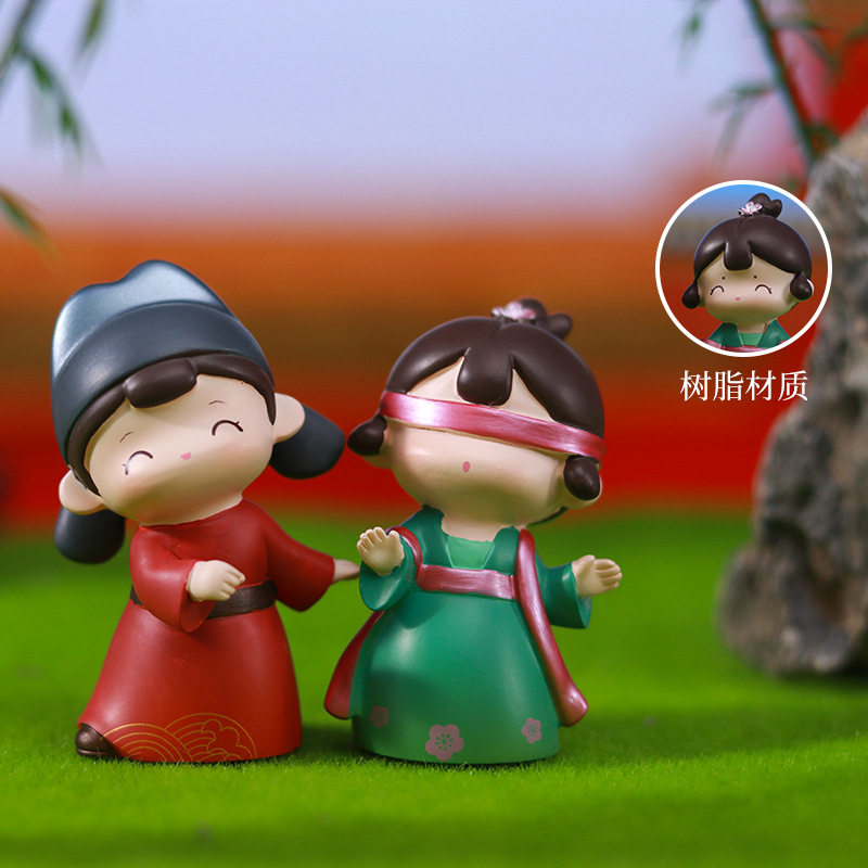 国潮古风青梅竹马桌面树脂卡通创意中式装饰摆件家居情侣手办礼物