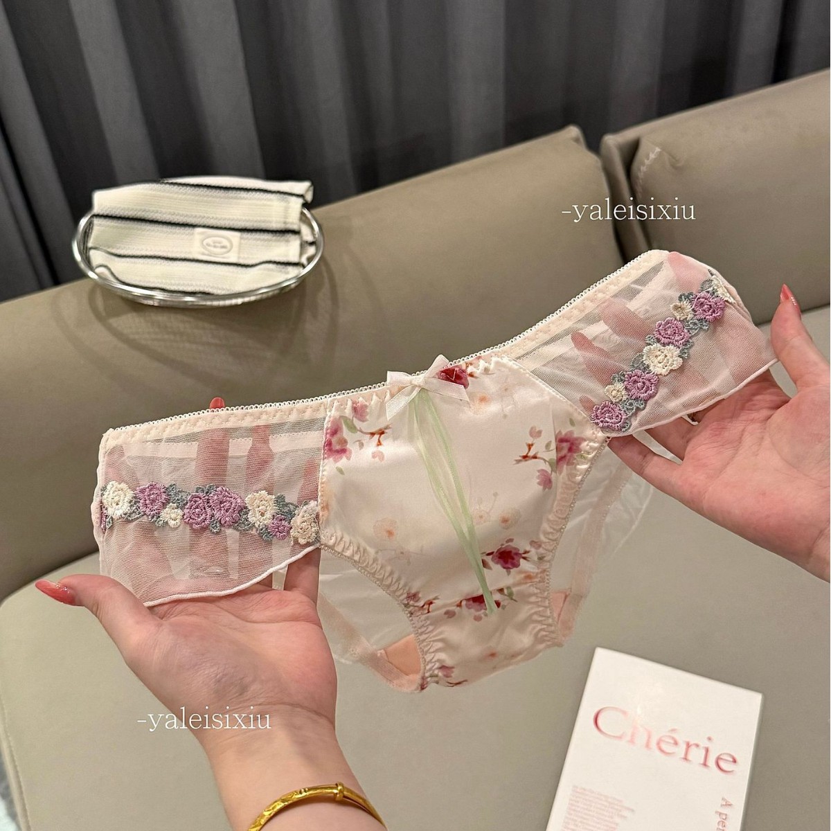 3条装 日系甜美性感刺绣花内裤女士透明印花蕾丝蝴蝶结细带短裤衩