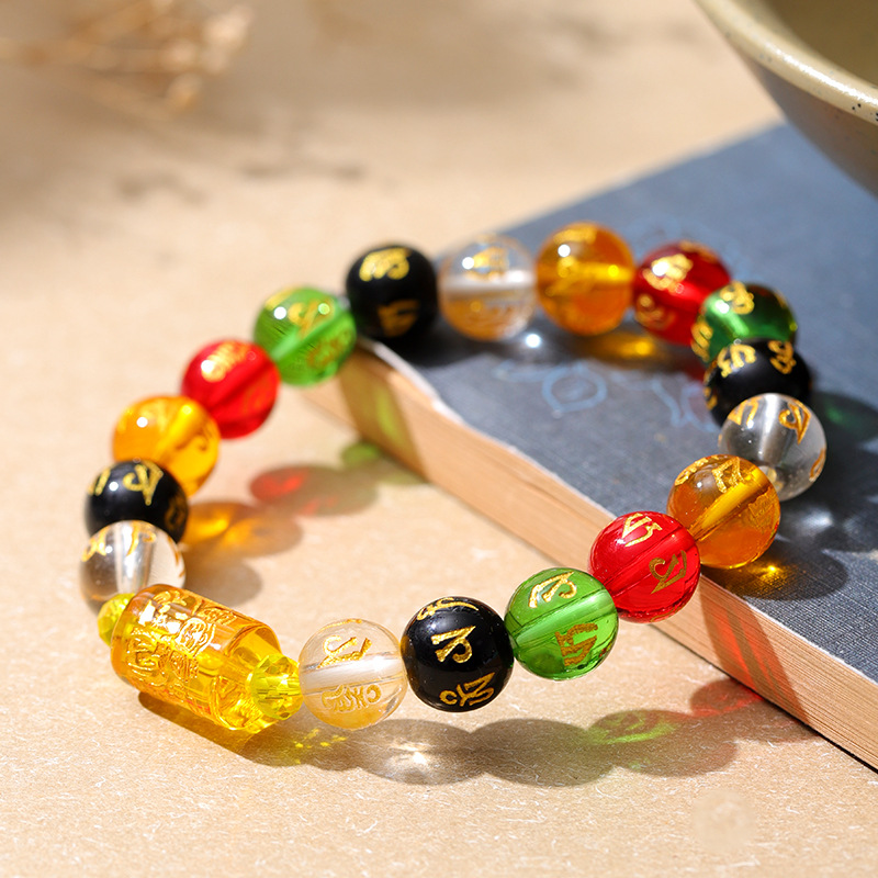 三面财神桶珠玻璃烫金六字真言单圈手串男女红黄白绿黑手链8-14mm