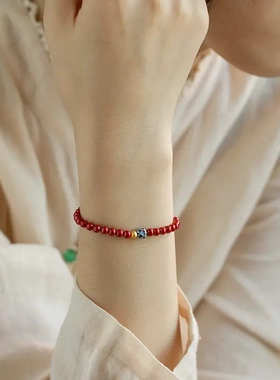 原矿朱砂手串银莲花金珠帝王砂手链女士新款礼物